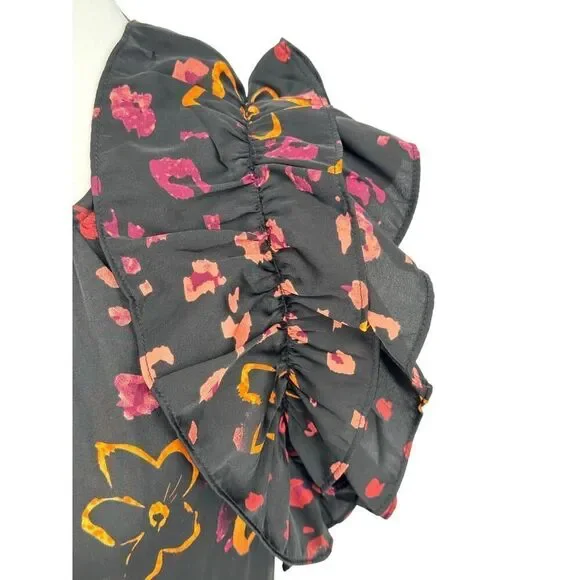 Entro Women's Ruffle Sleeve Floral Dress Black M Tiered Boho Mini Lined - Picture 3 of 13